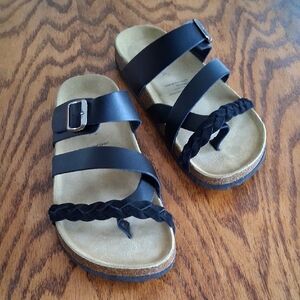 New Serra Black Leather Strappy Toe Wrap Boho Slide Sandals Size 9